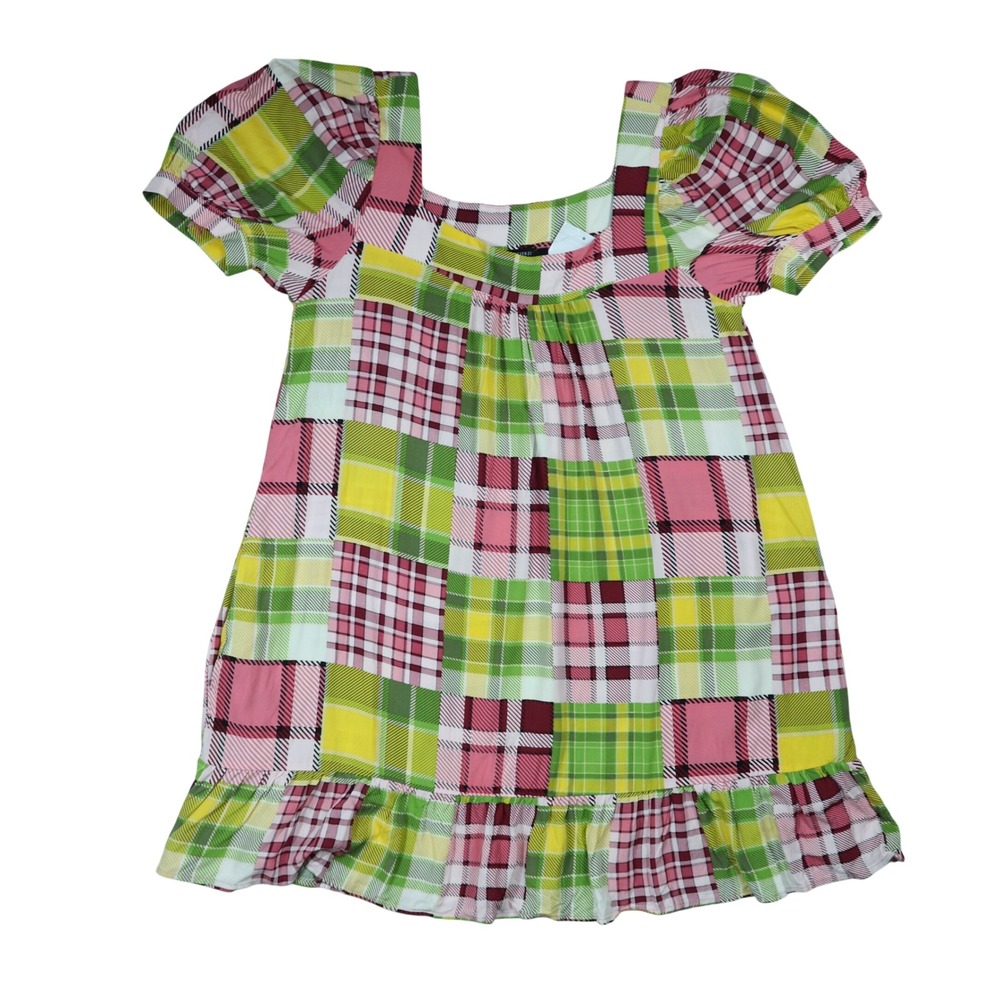 Forever 21 Multi Plaid Dress Puff Sleeve Ruffle Hem Pockets Womens Sz Large NWT